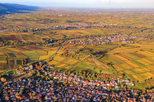 Nature reserve Kleine Kalmit above the wine-growing village in Ilbesheim bei Landau in the state Rhineland-Palatinate, Germany seen from above