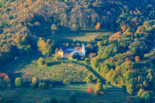 Aerial photograpy of Wine-growing village with Slevogthof in Leinsweiler in the state Rhineland-Palatinate, Germany