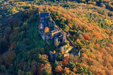 Aerial photograpy of Madenburg castle ruins in the autumn-colored forest in Eschbach in the state Rhineland-Palatinate, Germany