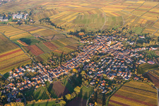 Aerial view of Village - view on the edge of agricultural fields and farmland in Goecklingen in fall and evening colours in the state Rhineland-Palatinate, Germany