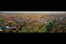Panoramic perspective Town View of the streets and houses of the residential areas in Herxheim bei Landau (Pfalz) in the state Rhineland-Palatinate, Germany from above