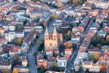 Aerial photograpy of Church building in von  Old Town- center of downtown in Landau in der Pfalz in the state Rhineland-Palatinate, Germany