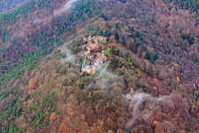Madenburg castle ruins under clouds of fog in Eschbach in the state Rhineland-Palatinate, Germany