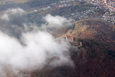 Aerial view of Trifels Castle in clouds in Annweiler am Trifels in the state Rhineland-Palatinate, Germany