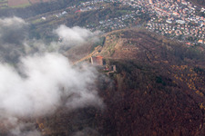 Aerial photograpy of Trifels Castle in clouds in Annweiler am Trifels in the state Rhineland-Palatinate, Germany