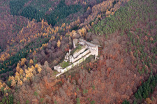 Aerial view of Ruins and vestiges of the former castle and fortress Burg Neuscharfeneck in Dernbach in the state Rhineland-Palatinate