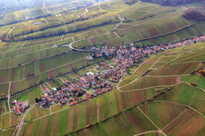 Wine-growing village between bare vineyards in Ranschbach in the state Rhineland-Palatinate, Germany