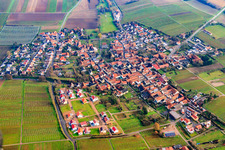Wine-growing village between bare vineyards from the west in Impflingen in the state Rhineland-Palatinate, Germany