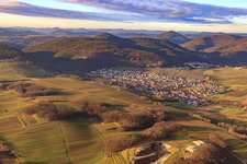 Wine village in winter between bare vineyards from the southeast in Klingenmünster in the state Rhineland-Palatinate, Germany