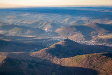 Aerial view of Trifels from the southeast in the district Bindersbach in Annweiler am Trifels in the state Rhineland-Palatinate, Germany