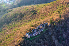 Oblique view of Madenburg, Remains of an 11th-century hilltop castle surrounded by forests with a restaurant from the west in Eschbach in the state Rhineland-Palatinate, Germany