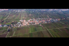 Aerial view of Village - view on the edge of agricultural fields and farmland in Roschbach in the state Rhineland-Palatinate, Germany