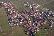 Aerial view of Village - view on the edge of agricultural fields and farmland in Weyher in der Pfalz in the state Rhineland-Palatinate, Germany