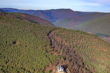 Aerial view of St. Anna Hut above the St. Anna Chapel on the Annaberg in Burrweiler in the state Rhineland-Palatinate, Germany