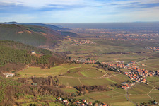 Wine-growing village under the St. Anna Chapel in winter from the southwest in Burrweiler in the state Rhineland-Palatinate, Germany
