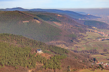 Aerial view of St. Anna Chapel in winter on the Annaberg from the south in Burrweiler in the state Rhineland-Palatinate, Germany
