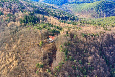 Aerial view of Ringelsberghütte above the limestone cliffs in Frankweiler in the state Rhineland-Palatinate, Germany