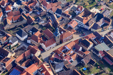 Aerial view of Protestant Church Frankweiler in Weinstr in Frankweiler in the state Rhineland-Palatinate, Germany