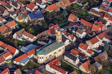 Aerial view of Church of St. Martinus in Kirchstr in Lingenfeld in the state Rhineland-Palatinate, Germany