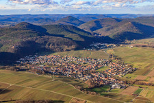 Wine-growing village in winter on the edge of the Haardt from the southeast in Klingenmünster in the state Rhineland-Palatinate, Germany