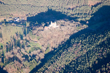 Erlenbach, Berwartstein Castle in Erlenbach bei Dahn in the state Rhineland-Palatinate, Germany from the drone perspective