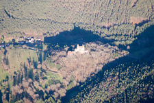 Erlenbach, Berwartstein Castle in Erlenbach bei Dahn in the state Rhineland-Palatinate, Germany from a drone