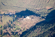Erlenbach, Berwartstein Castle in Erlenbach bei Dahn in the state Rhineland-Palatinate, Germany seen from a drone