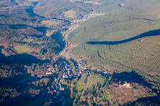 Aerial photograpy of Erlenbach, Berwartstein Castle in Erlenbach bei Dahn in the state Rhineland-Palatinate, Germany