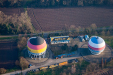 Aerial photograpy of French German painted gas storage tanks in Rastatt in the state Baden-Wuerttemberg, Germany