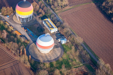 Oblique view of French German painted gas storage tanks in Rastatt in the state Baden-Wuerttemberg, Germany