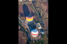 French German painted gas storage tanks in Rastatt in the state Baden-Wuerttemberg, Germany from above