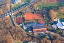 Aerial view of Event hall and sports fields at the Cuppamare of SV 08 Kuppenheim and the Tennis Club Kuppenheim in Kuppenheim in the state Baden-Wuerttemberg, Germany