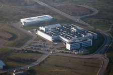 Aerial view of Technical facilities in the industrial area Spanplattenwerk in Bischweier in the state Baden-Wurttemberg