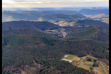 Aerial view of SV Gossersweiler-Stein sports field at the edge of the forest in the district Gossersweiler in Gossersweiler-Stein in the state Rhineland-Palatinate, Germany