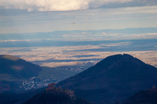 Aerial view of Trifels and Hohenberg in Birkweiler in the state Rhineland-Palatinate, Germany