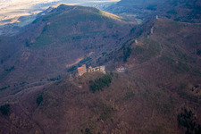 The 3 castles Trifels, Anebos and Münz in the district Bindersbach in Annweiler am Trifels in the state Rhineland-Palatinate, Germany from above