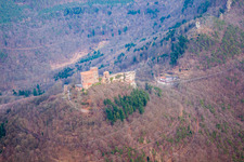 The 3 castles Trifels, Anebos and Münz in the district Bindersbach in Annweiler am Trifels in the state Rhineland-Palatinate, Germany out of the air