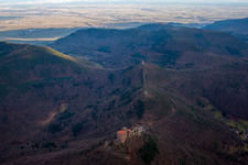 Oblique view of The 3 castles Trifels, Anebos and Münz in Leinsweiler in the state Rhineland-Palatinate, Germany