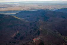 The 3 castles Trifels, Anebos and Münz in Leinsweiler in the state Rhineland-Palatinate, Germany from above