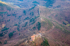The 3 castles Trifels, Anebos and Münz in Leinsweiler in the state Rhineland-Palatinate, Germany out of the air