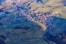 Village above the Kastanienbusch vineyard in winter from the west in Birkweiler in the state Rhineland-Palatinate, Germany