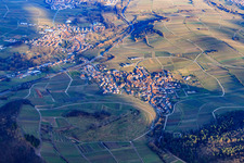 Aerial view of Village above the Kastanienbusch vineyard in winter from the west in Birkweiler in the state Rhineland-Palatinate, Germany
