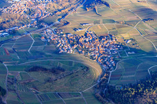 Aerial photograpy of Village above the Kastanienbusch vineyard in winter from the west in Birkweiler in the state Rhineland-Palatinate, Germany