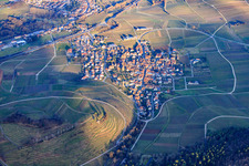 Oblique view of Village above the Kastanienbusch vineyard in winter from the west in Birkweiler in the state Rhineland-Palatinate, Germany