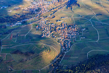 Village above the Kastanienbusch vineyard in winter from the west in Birkweiler in the state Rhineland-Palatinate, Germany from above