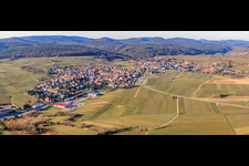 Village panorama from the southwest with the start of the German Wine Route in the district Schweigen in Schweigen-Rechtenbach in the state Rhineland-Palatinate, Germany