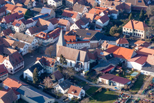 Aerial view of Church building in the village of in the district Schweigen in Schweigen-Rechtenbach in the state Rhineland-Palatinate, Germany