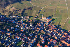 Aerial photograpy of Protestant Church Rechtenbach at the vineyard in winter in the district Rechtenbach in Schweigen-Rechtenbach in the state Rhineland-Palatinate, Germany