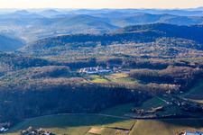 Aerial view of Liebfrauenberg monastery horse boarding house in Bad Bergzabern in the state Rhineland-Palatinate, Germany