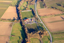 Aerial view of Sports fields and sports center of SV Klingenmünster eV at Klingbach in winter in Klingenmünster in the state Rhineland-Palatinate, Germany